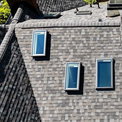 Overhead shot of skylights on a roof