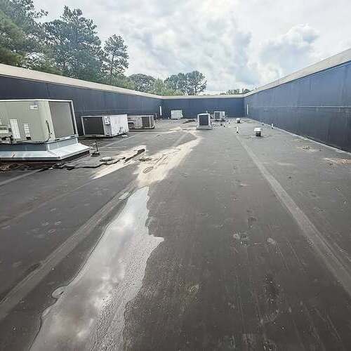 A wet flat roof where leaks might occur